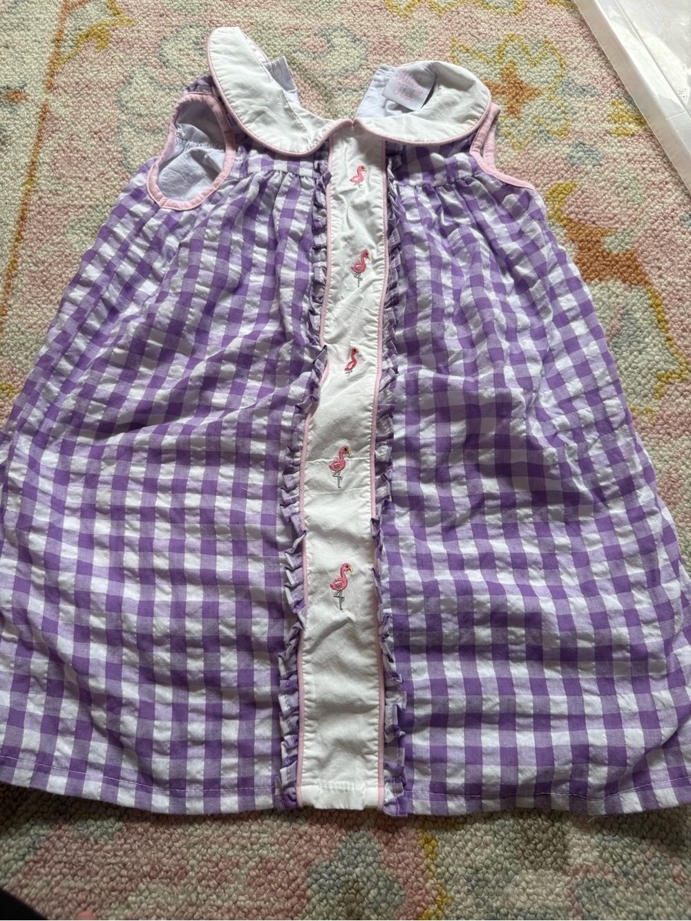 Stitchy Fish Purple gingham flamingo dress